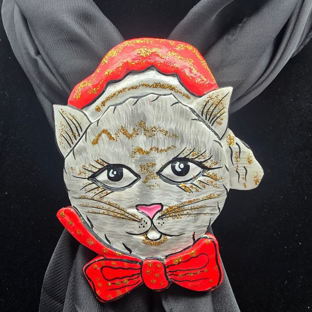 Grey Christmas Cat Scarf Ring Charm Slide Vintage Hand Painted Wood 1980s